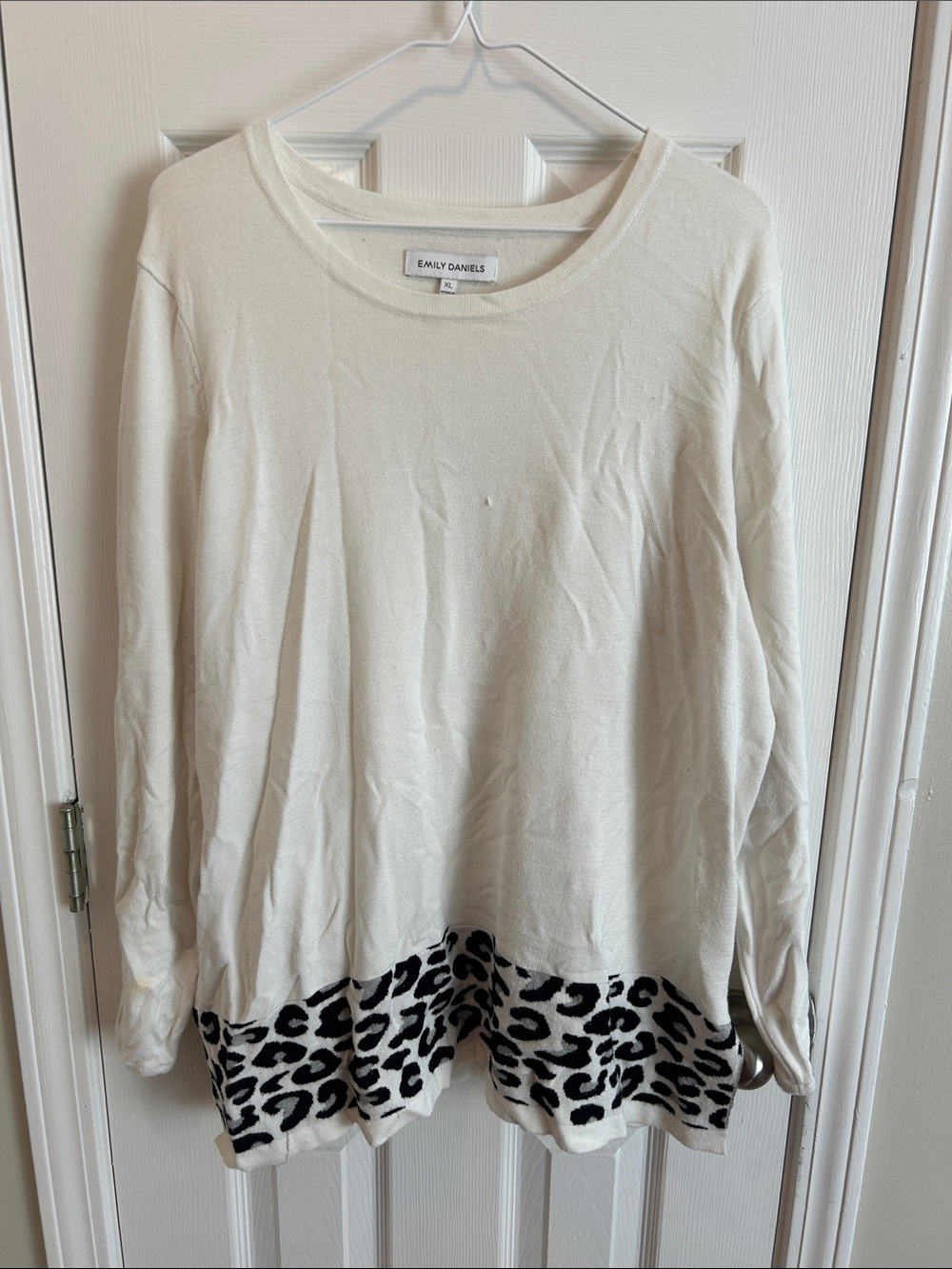 Emily Daniels Cream Scoop Neck Sweater with Leopard Hem